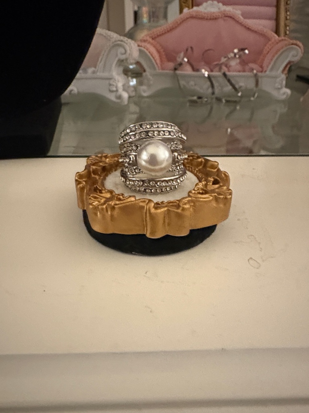 Silver Pearl Statement Ring with Clear Crystals - Women's Jewelry size 5